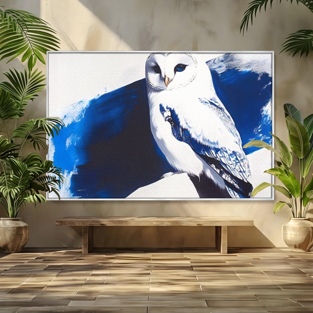 Tablou canvas cu tablou canvas cu bufnita alba, in rama de aluminiu argintiu